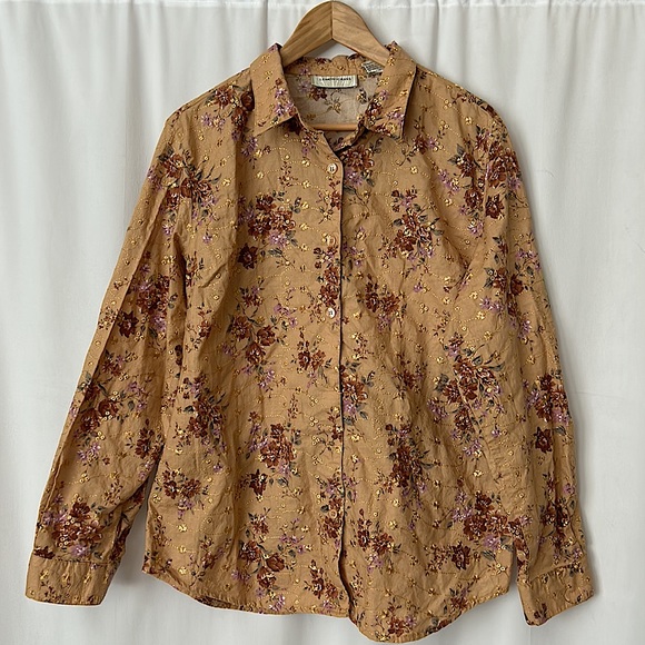 Lemon Grass Tops - Lemon Grass Golden Tan Embroidered Floral Long Sleeve Shirt Top **Sz XL** 🌸🌸